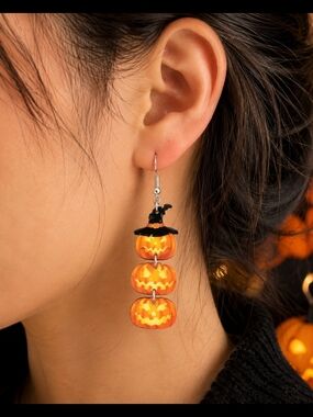 Halloween Pumpkin Stack Dangle Earrings - Orange
